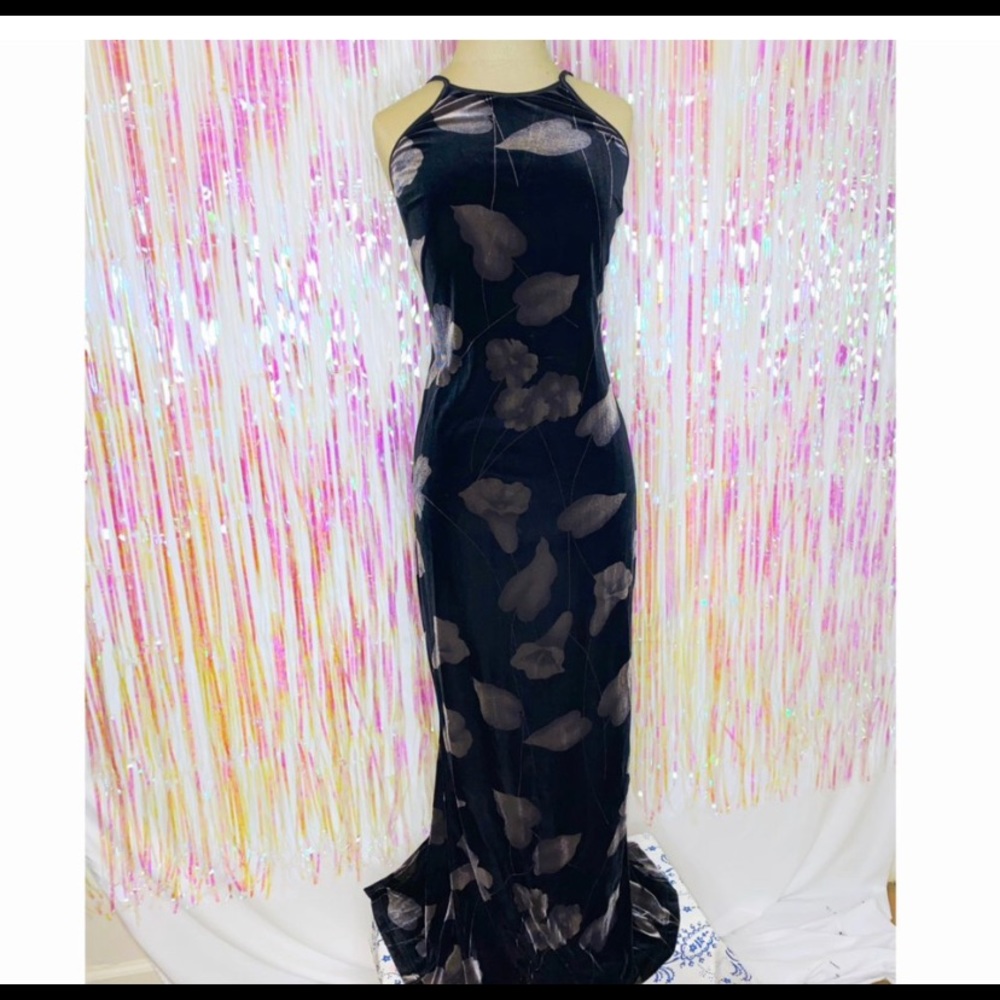 Witchy floral black velvet evening maxi dress